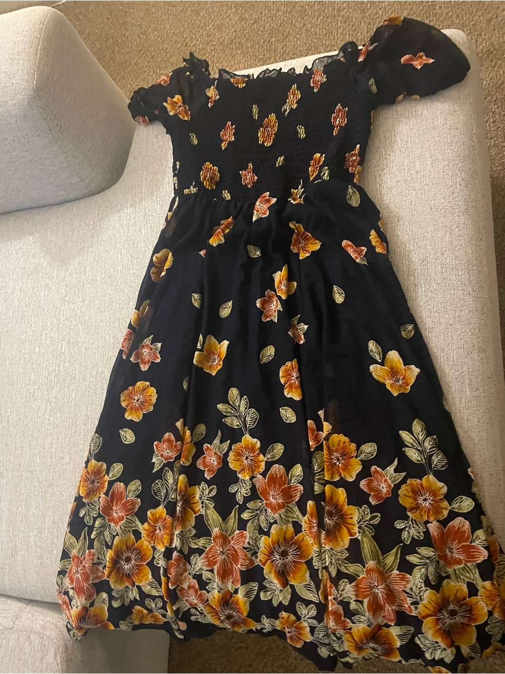 Womens Blue Floral Off-Shoulder Dress - Yellow & Orange Flower Print